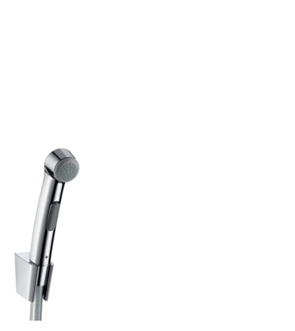 Hansgrohe Handbrause in Chrom mit einem schlanken Griff, einer gezielten Düsenausführung und einem befestigten Schlauch, der an einem Halter angebracht ist.